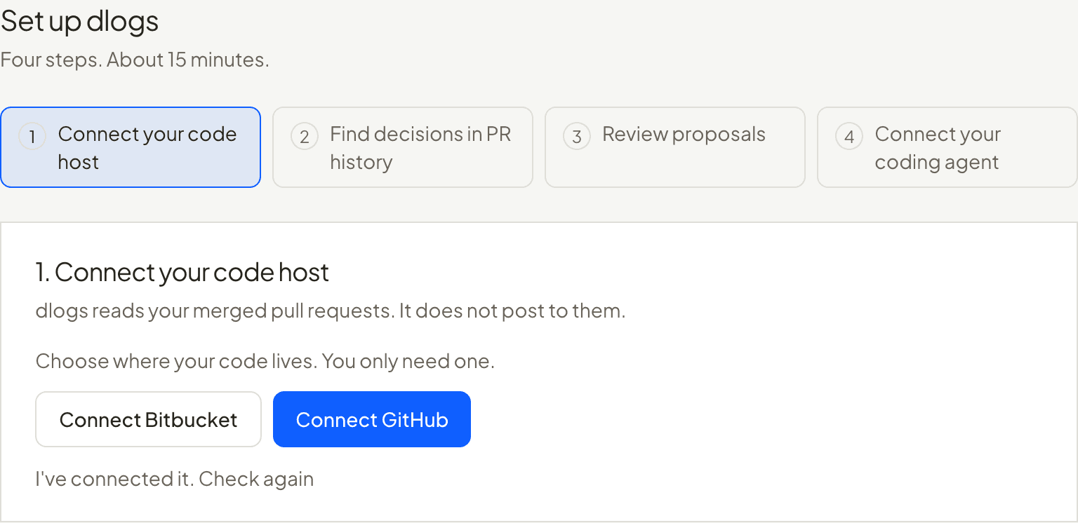 The dlogs Setup screen, step 1: Connect your code host, with buttons for Bitbucket and GitHub.