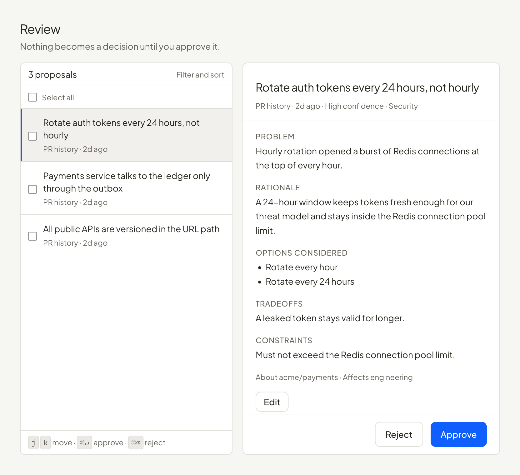 The dlogs Review screen: three proposals found in pull request history, with Approve and Reject.